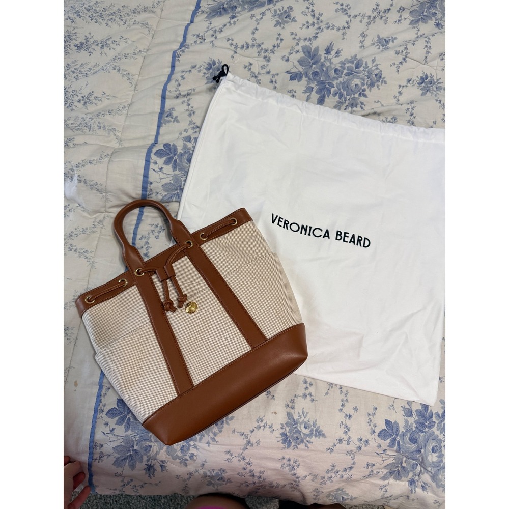Veronica Beard Goody Canvas and Leather Bucket Bag Tan Cream Drawstring Tote